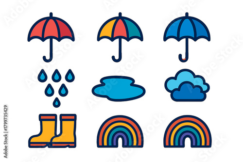 Colorful flat design symbols of weather, rain, clouds, rainbows, and boots
