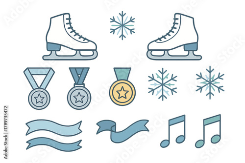 Figure skating competition elements including ice skates, medals, snowflakes, and musical notes