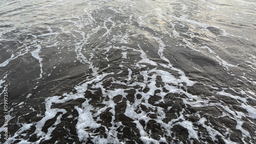 a gentle ocean wave washing over a dark sandy shore, creating foam patterns and textured water. natural beach scene with calm movement and simple composition