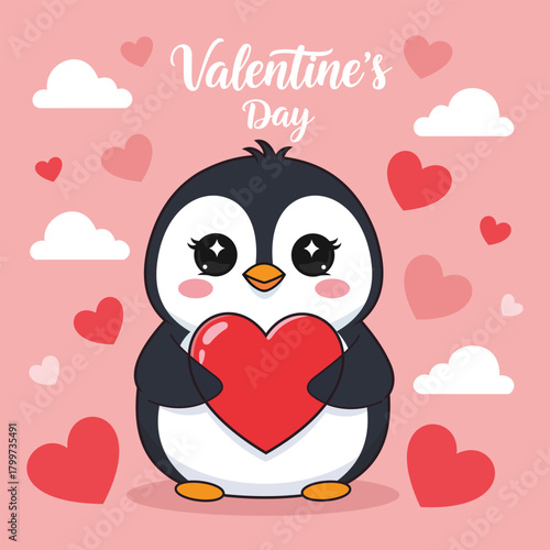 Cute cartoon penguin holding a red heart on a pink background with hearts and clouds