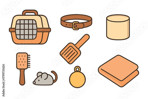 Various items for domestic animal care such as travel carrier collar scoop brush and blanket