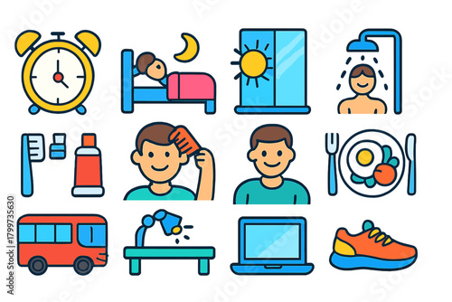 Colorful symbols illustrating daily morning routine activities like hygiene and breakfast