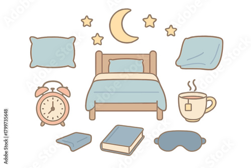 Collection of sleeping and relaxation elements: bed, pillows, blanket, alarm clock, book, tea, moon, and stars