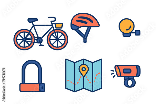 Set of essential bicycle accessories and equipment for safe urban commuting and outdoor cycling