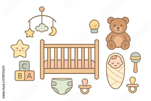 Cute collection of newborn baby essentials, nursery furniture, and toys