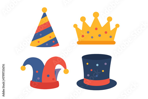 Colorful festive headwear set including party cone crown jester cap and top hat designs