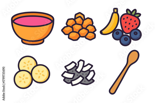Healthy breakfast ingredients set featuring fruit, cereal, smoothie bowl, and spoon