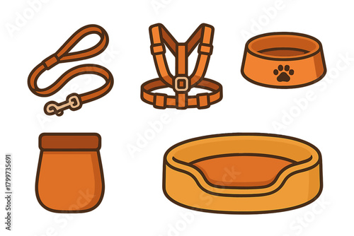 Essential pet care accessories set including leash harness bowl food bag and comfortable bed