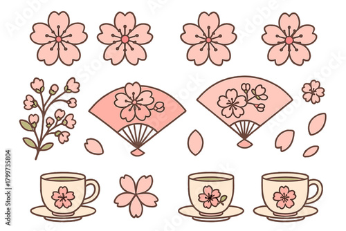 Traditional Japanese spring icons with pink sakura flowers, folding fans, and teacups
