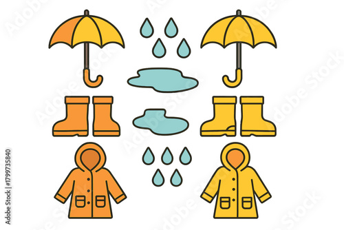 Set of colorful rain weather items: umbrellas, rubber boots, raincoats, puddles, and falling raindrops