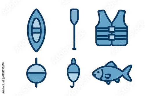 Set of essential icons for water activities including canoe paddle life jacket and fishing gear