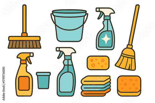 Set of household cleaning supplies and tools including brooms, brushes, sponges, and spray bottles