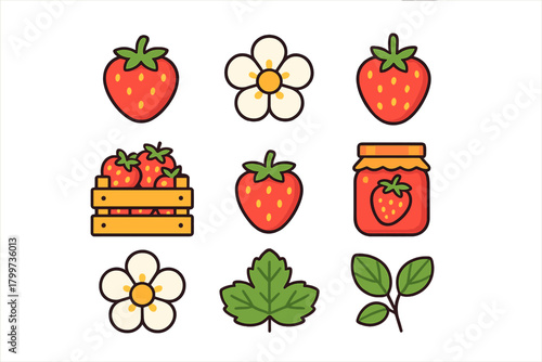 Ripe strawberries, blossoms, green leaves, wooden box, and preserved fruit jam in a glass jar