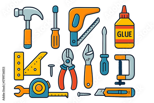 Set of essential hand tools for carpentry and home repair including hammer, screwdriver, and measuring tape