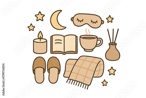 Cozy hygge objects set: slippers, blanket, candle, book, coffee cup, and sleep mask for relaxation