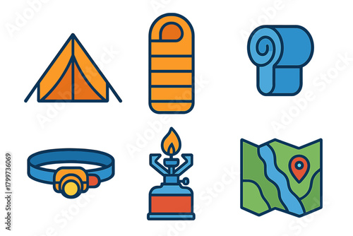 Set of essential outdoor camping and hiking equipment including tent sleeping bag and map