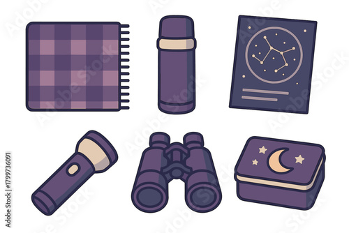Outdoor adventure and astronomy equipment set with blanket thermos binoculars and constellation chart