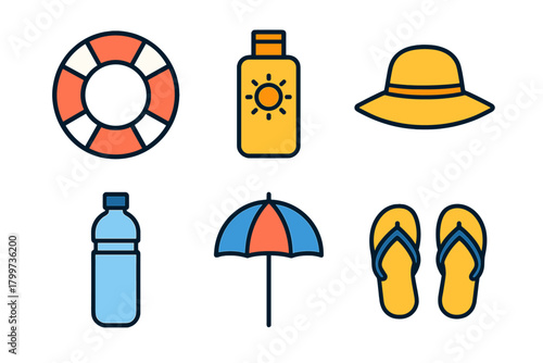 Collection of summer beach accessories including sunscreen, hat, and flip flops
