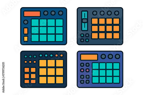 Set of four electronic music drum machine controllers with pads and buttons