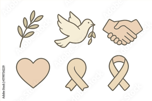Set of symbolic icons representing peace, love, unity, and awareness in soft neutral colors