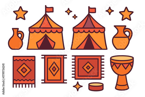 Stylized set of nomadic tents, patterned carpets, earthenware jugs, and a goblet drum