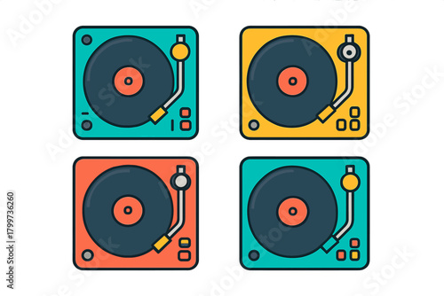 Four colorful vintage record players with vinyl records and tonearms arranged in a square grid pattern