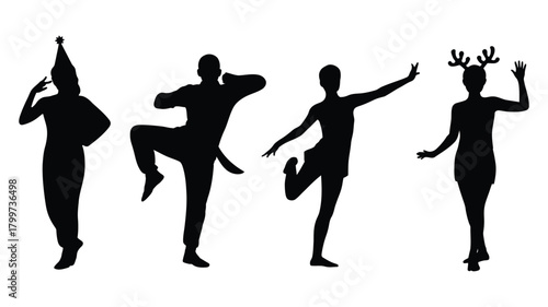 set of four festive human silhouette icons with party hat, antlers, dance and expressive poses for celebration and holiday themes