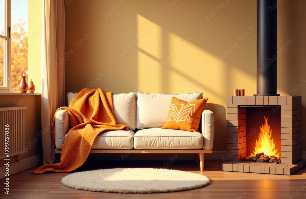 Naklejka premium A cozy living room with a white sofa, warm sunlight, and a fireplace creating a comfortable atmosphere