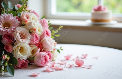 A bouquet of pink and white roses with scattered petals on a white table near a window