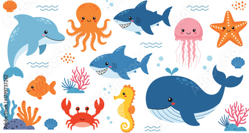 Set of Cute Cartoon Sea and Ocean Animals, Including Dolphin, Whale, Shark, Starfish, Octopus, Crab, and Jellyfish for Kids Education and Decoration Vector