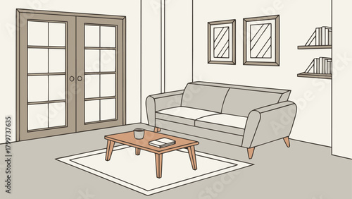 Cozy Mid-Century Modern Living Room, Neutral Interior Line Art