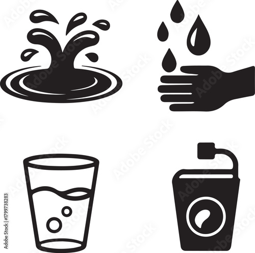 Set of four black and white icons representing water and hydration