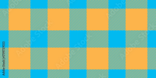 Vibrant seamless plaid pattern in bright turquoise and orange hues. Ideal for backgrounds, textiles, and modern designs. Adds a touch of cheerful retro flair.