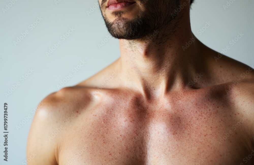 Naklejka premium Close-up of a man's bare shoulders and neck showing skin redness and freckles