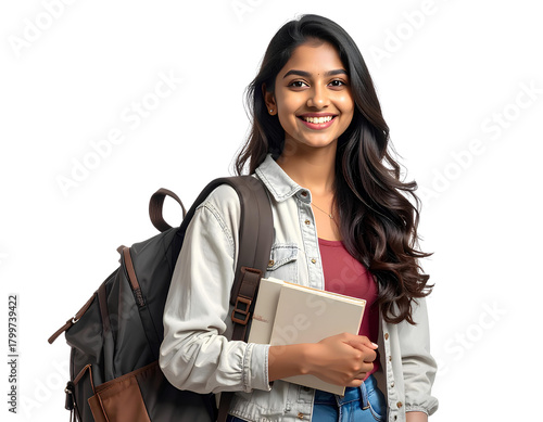Portrait of a smiling young female Indian college student wearing casual clothes, isolated on a transparent background.