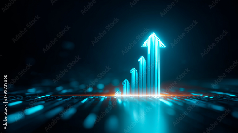 Naklejka premium Business Growth Concept with Glowing Upward Arrow and Bar Chart on Dark Background