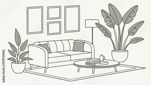 Modern Living Room Interior Sketch, Minimalist Home Decor Illustration