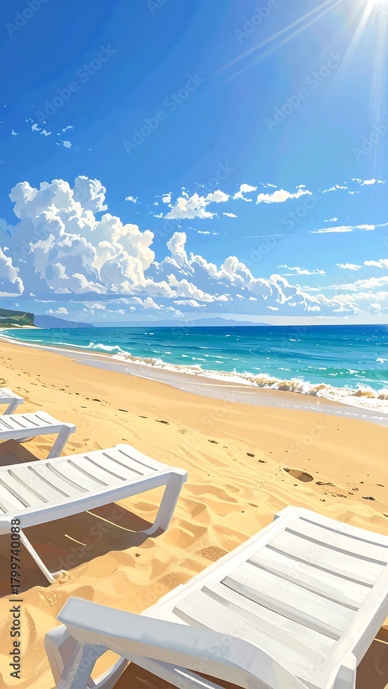 Obraz premium White loungers await on sunny sandy beach with ocean waves.
