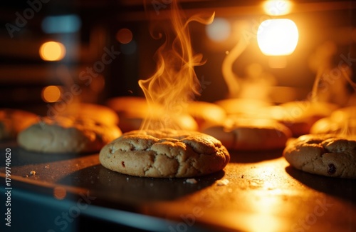 Freshly baked cookies with steam rising on a warm baking tray at sunset