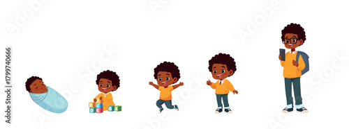 baby to teen life cycle african boy cartoon vector character illustration