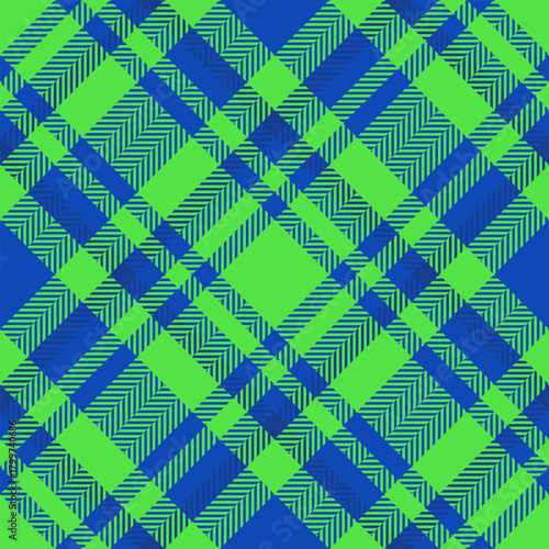 Vibrant checkered pattern in blue and green. Seamless plaid design, ideal for backgrounds, textiles, or modern graphic projects. Bold, eyecatching texture.