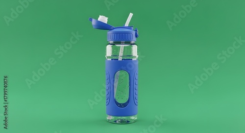 A clear plastic water bottle with a blue silicone sleeve and a flip-top lid, placed against a solid green background, suitable for hydration or fitness themes