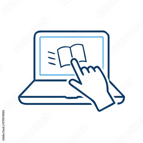 Minimal line icon of open laptop with child's hand touching screen, representing interactive learning