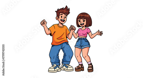 Joyful cartoon couple holding hands and dancing in casual outfits with bright smiles sharing