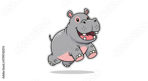 Joyful hippo cartoon character jumping with enthusiasm against a plain background