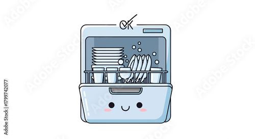 Kawaii style dishwasher illustration with stacked plates and bubbles, charming and simple