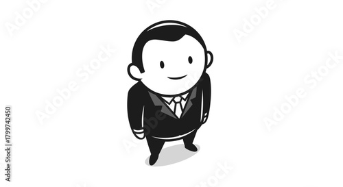 Monochrome cartoon drawing portraying a confident businessman in formal attire looking up