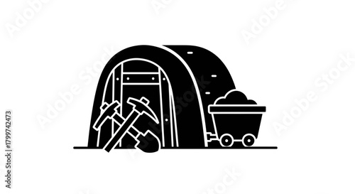 Monochromatic depiction showcases an entrance to a mine shaft with tools and cart