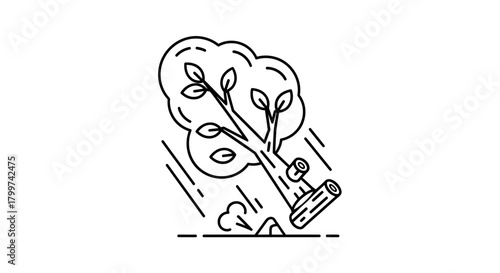 Monochrome illustration of a toppled tree in a storm with harsh wind and rain