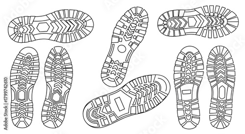 Outlines of diverse footwear soles showcasing textured patterns for traction design